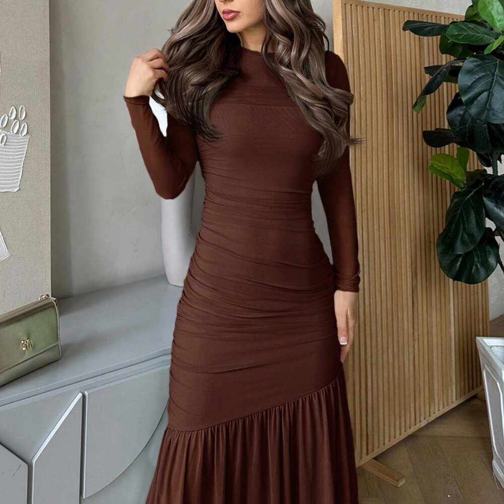 Chocolate Brown Elegant Women's Mesh Long Sleeve Round Neck Dress - Picture 5 of 6